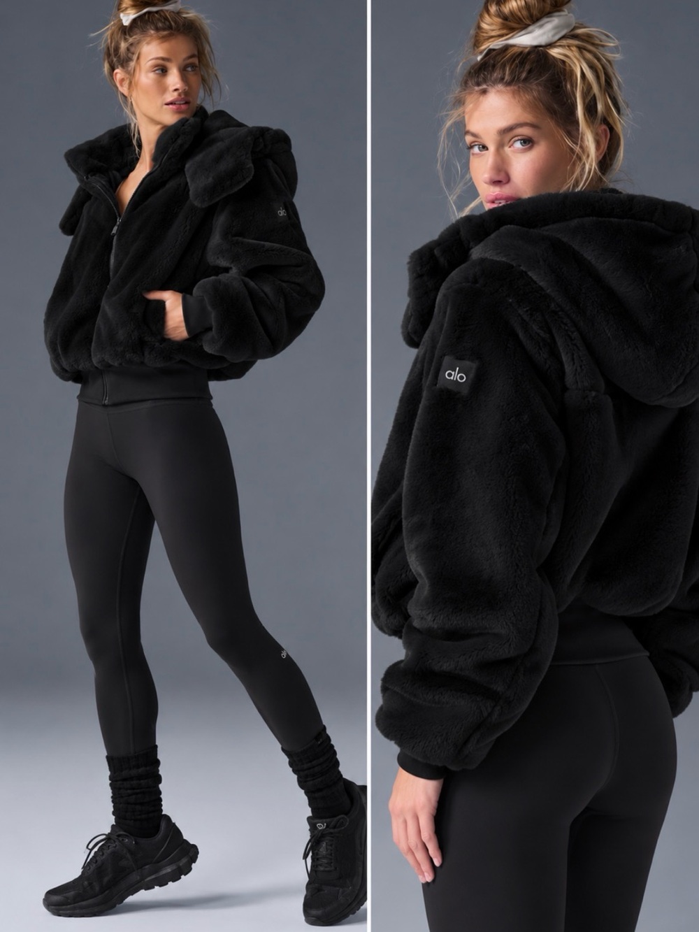 ALO Yoga Faux Fur Plush Black Coat Teddy Jacket Satin Lining XS Like New!!
